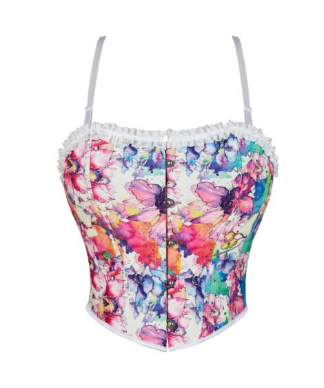 Floral Patterned Corset with Ruffled Trim and Lace-Up Detail - Image 2