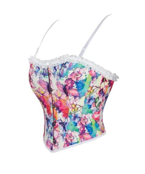Floral Patterned Corset with Ruffled Trim and Lace-Up Detail - Image 3