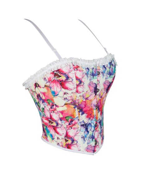 Floral Patterned Corset with Ruffled Trim and Lace-Up Detail - Image 4