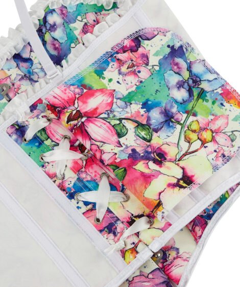 Floral Patterned Corset with Ruffled Trim and Lace-Up Detail - Image 9