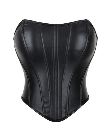 Sleek Black Faux Leather Corset with Lace Details - Image 2