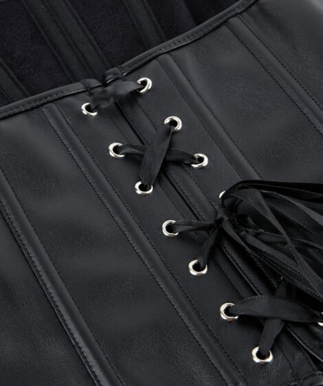 Sleek Black Faux Leather Corset with Lace Details - Image 6