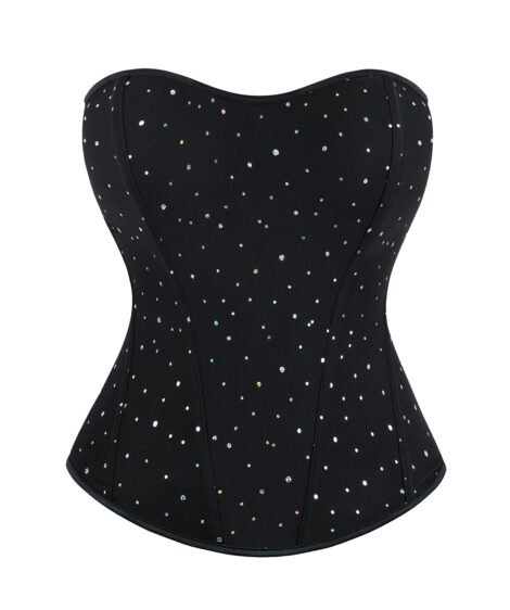 Elegant Black Sparkling Corset with Zip and Crystal Detailing - Image 2