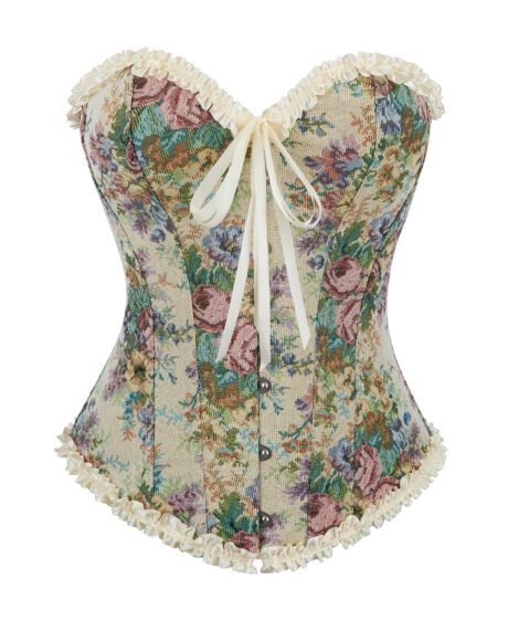 Vintage Floral Jacquard Corset with Satin Ribbon and Lace Trim - Image 2