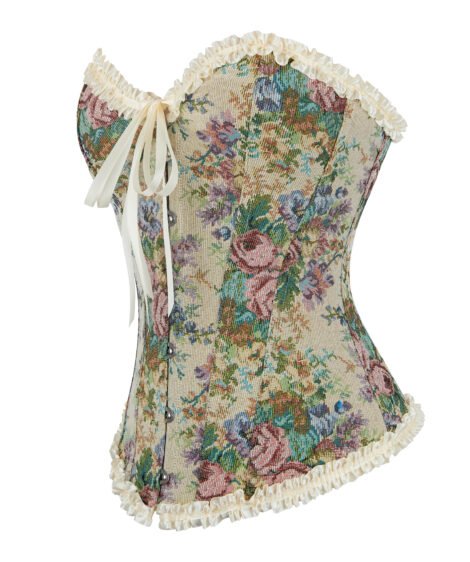 Vintage Floral Jacquard Corset with Satin Ribbon and Lace Trim - Image 3