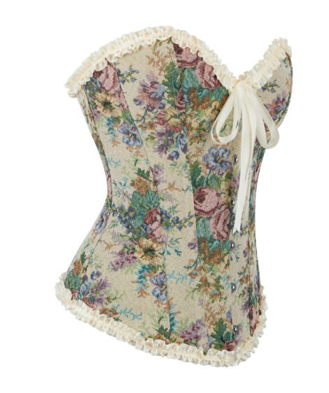 Vintage Floral Jacquard Corset with Satin Ribbon and Lace Trim - Image 4