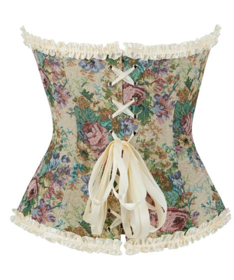 Vintage Floral Jacquard Corset with Satin Ribbon and Lace Trim - Image 5