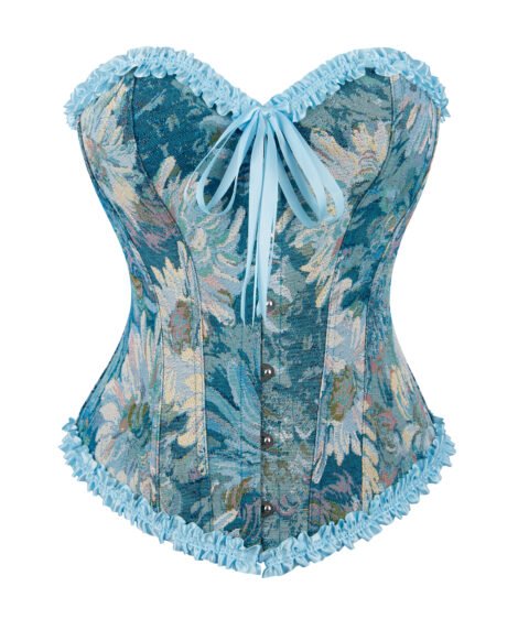 Floral Elegance Blue Ruffled Corset with Soft Satin Ties - Image 2