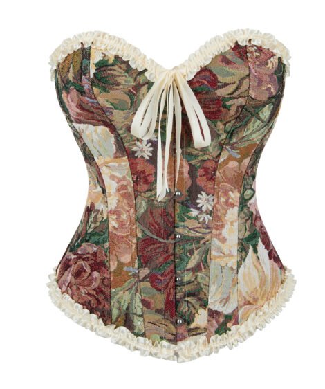 Floral Jacquard Corset with Satin Ribbon Ties and Lace Trim - Image 2