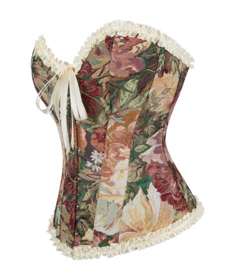 Floral Jacquard Corset with Satin Ribbon Ties and Lace Trim - Image 3