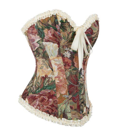 Floral Jacquard Corset with Satin Ribbon Ties and Lace Trim - Image 4