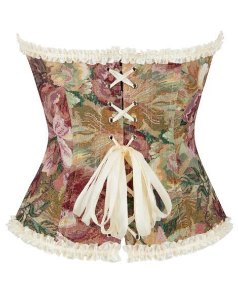 Floral Jacquard Corset with Satin Ribbon Ties and Lace Trim - Image 5