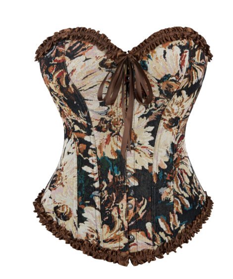 Elegant Floral Patterned Corset with Ruffled Trim and Satin Lacing - Image 2
