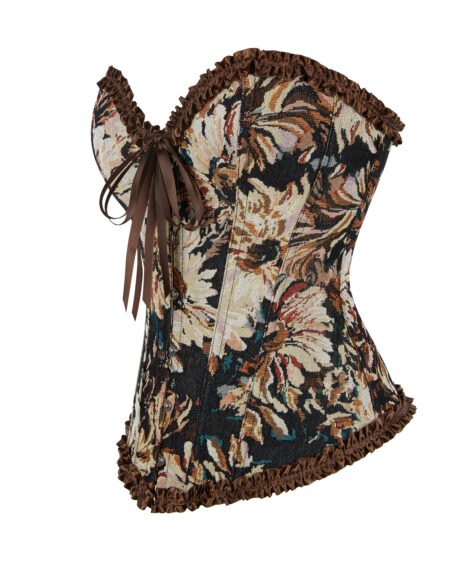 Elegant Floral Patterned Corset with Ruffled Trim and Satin Lacing - Image 3