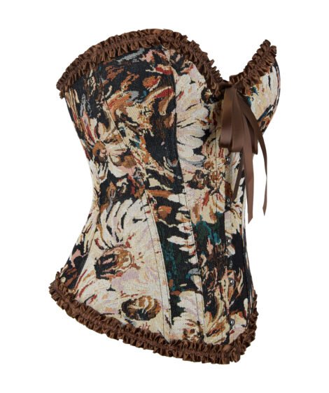 Elegant Floral Patterned Corset with Ruffled Trim and Satin Lacing - Image 4
