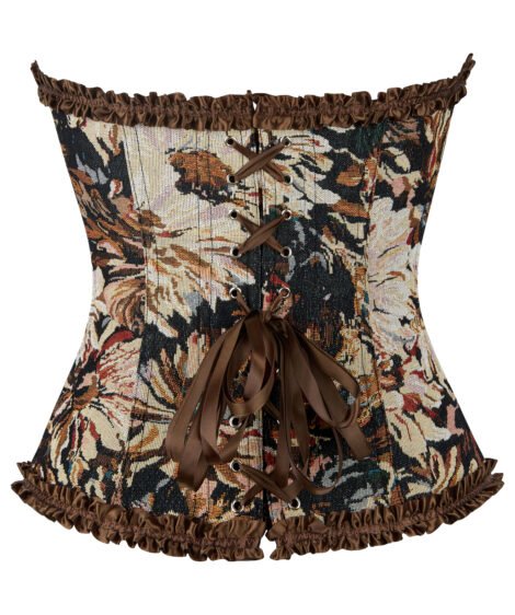 Elegant Floral Patterned Corset with Ruffled Trim and Satin Lacing - Image 5