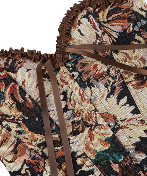 Elegant Floral Patterned Corset with Ruffled Trim and Satin Lacing - Image 6