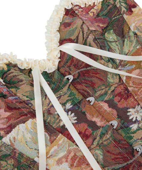 Floral Jacquard Corset with Satin Ribbon Ties and Lace Trim - Image 6