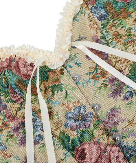 Vintage Floral Jacquard Corset with Satin Ribbon and Lace Trim - Image 6
