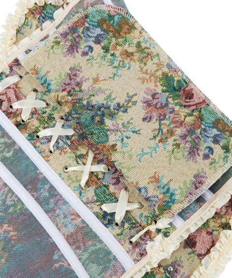 Vintage Floral Jacquard Corset with Satin Ribbon and Lace Trim - Image 9