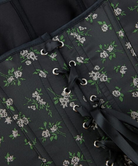 Floral-Embroidered Black Lace-Up Corset with Satin Finish - Image 6