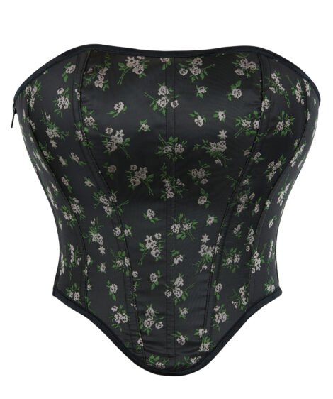 Floral-Embroidered Black Lace-Up Corset with Satin Finish - Image 2