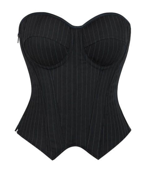Pinstriped Black Corset with Zipper and Lace-up Detail - Image 2
