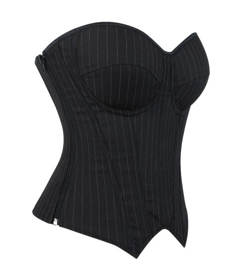 Pinstriped Black Corset with Zipper and Lace-up Detail - Image 4