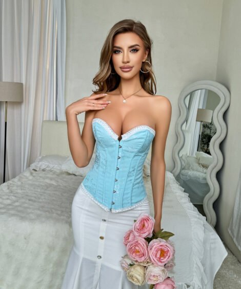Elegant Lace-Trimmed Light Blue Floral Corset for Women