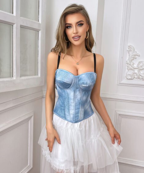 Elegant Ice-Blue Sequin Corset with Lace-up Back and Adjustable Straps