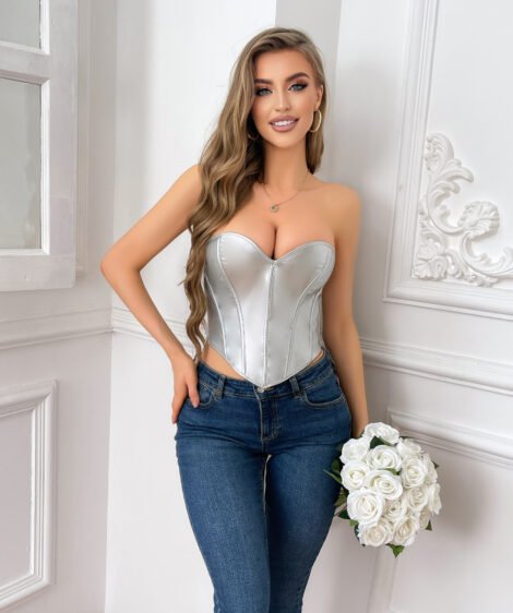Gleaming Silver Corset with Structured Support and Adjustable Lace-up Design