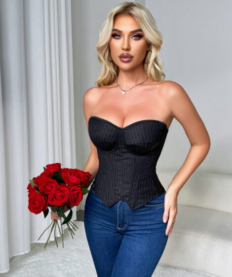 Pinstriped Black Corset with Zipper and Lace-up Detail