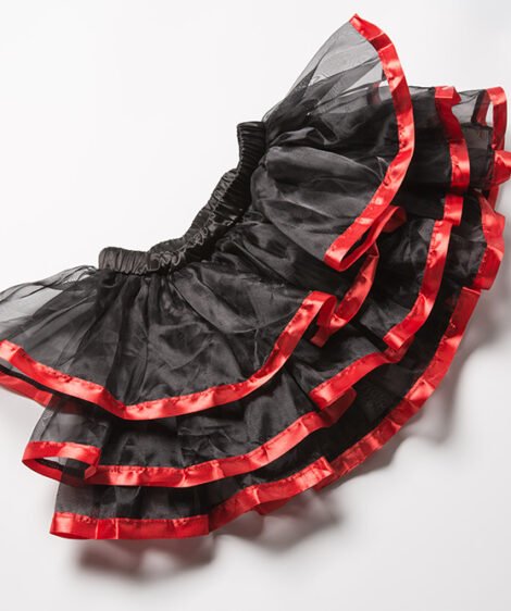 Red Satin Lace-Up Corset Dress with Black Ruffled Skirt and Lace Detailing - Image 7