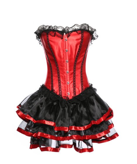 Red Satin Lace-Up Corset Dress with Black Ruffled Skirt and Lace Detailing - Image 3