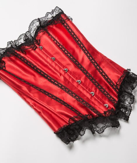 Red Satin Lace-Up Corset Dress with Black Ruffled Skirt and Lace Detailing - Image 4