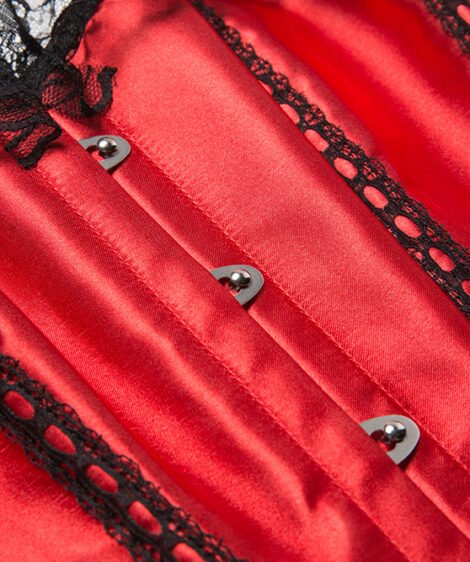 Red Satin Lace-Up Corset Dress with Black Ruffled Skirt and Lace Detailing - Image 5