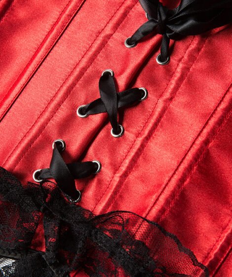 Red Satin Lace-Up Corset Dress with Black Ruffled Skirt and Lace Detailing - Image 6